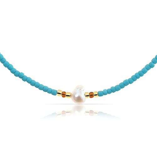 Made by Nami Designer Perlen-Choker • Damen Halskette mit Süßwasserperlen • Filigranes Perlenhalsband • Perlen-Kette Wasserfest • Handmade Strand & Surfer Schmuck (Blue Triple Pearl) von Made by Nami