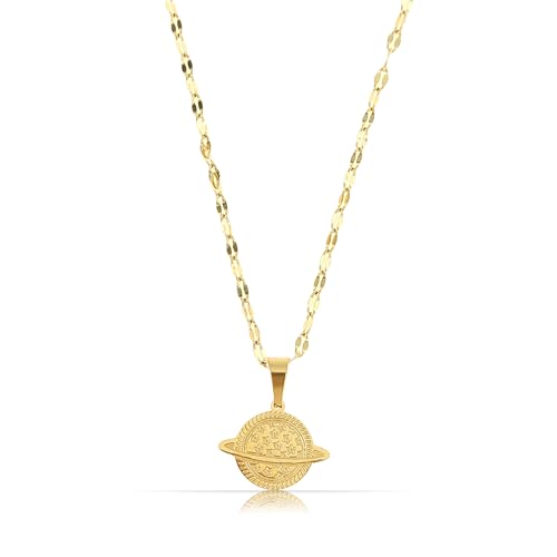 Made by Nami Edelstahl Halskette Damen Gold mit Planet Anhänger Schmuck Geschenk Freundin 40 + 5 cm lang (Planet) von Made by Nami