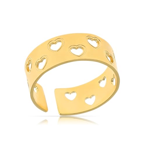 Made by Nami Edelstahl Ring Gold Damen mit ausgestanzten Herzen Größenverstellbar Wasserfester Schmuck Geschenk für Sie von Made by Nami