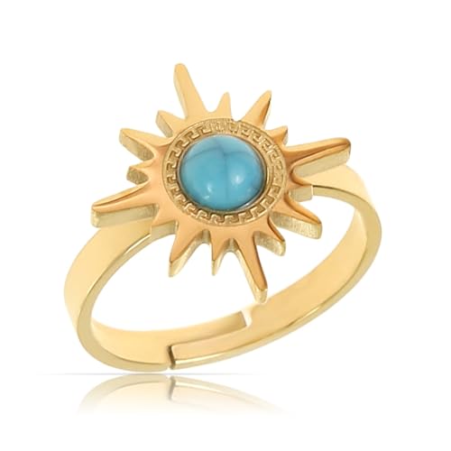 Made by Nami Goldener Boho Edelstahl Ring mit Sonne und türkisem Edelstein Damen Schmuck Größenverstellbar & Wasserfest Geschenke Damen von Made by Nami