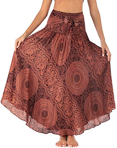 FEOYA Rock Boho Lang Damen Sommerrock Maxi Rock Hohe Elastische Taille Strand Hippie Rock Gedruckt Blumen Bohemian Strandrock Strandkleid Urlaub Rock Blumenmuster Floral A Linie Rot Sommerkleid Gypsy von Maeau