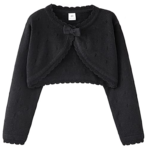 Maeau Baby Bolero Mädchen Festlich Schwarz 80 2 3 Jahre Strickjacke Langarm für Kleid Baumwoll Jäckchen Kommunion Hochzeit Jacke Lange Ärmel Kurz Cardigan Gestrickt Basic Bolero Rundhals mit Knöpfen von Maeau