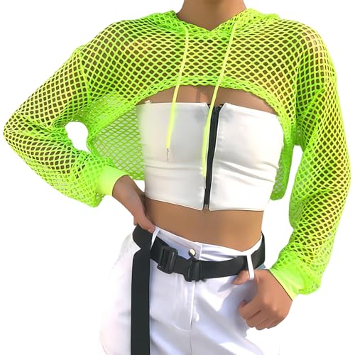 Maeau Damen Mesh Top Y2k Langarm Netzoberteil Fischnetz Sweatshirt Locker Sommer Netztop Sexy Transparent Cover Up Yoga Gym Netzshirt für Party Clubwear S von Maeau