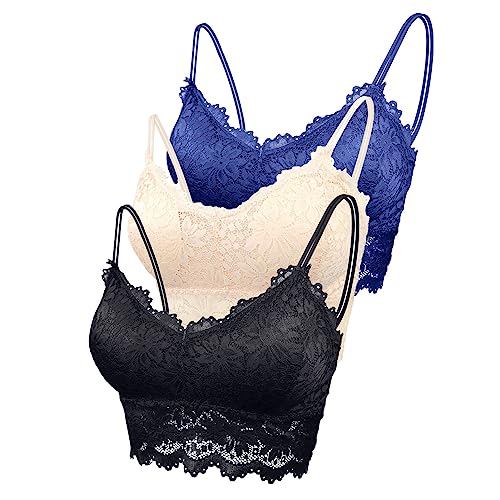 Maeau Damen Sport BH Spitze Blau Schwarz Hautfarben 3er Pack BH Baumwolle Ohne Bügel Set 70A 70B 70C 70D 75A 75B BH Push Up Yoga Bra Fraune BH Top Set M Crop BH Top Polster Gepolstert Bustier Camisole von Maeau