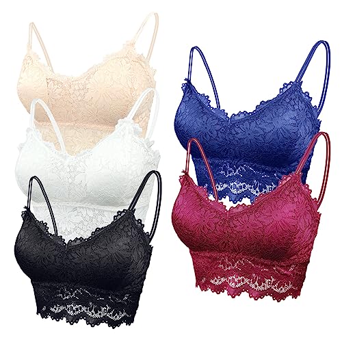 Maeau Damen Sport BH Spitze Weiß Schwarz Weinrot 5er Pack BH Baumwolle Ohne Bügel Set 70A 70B 70C 70D 75A 75B BH Push Up Yoga Bra Fraune BH Top Set M Crop BH Top Polster Gepolstert Bustier Camisole von Maeau