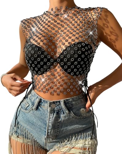 Maeau Fischnetz Shirts Damen Pailletten Netzhemd Strasssteine Funkelnde Netz Top Durchsichtiges Sexy Mesh Top Shiny Aushöhlen Tank Weste Ärmellose Glitzer Netz Oberteil L von Maeau