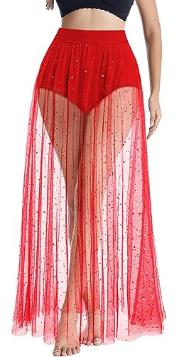 Maeau Glänzend Faltenrock Damen Transparent Netzrock Musikfestival Mesh Midikleid Sexy High Waist Wickelrock Pailletten Festival Rock Spitze Clubwear Cocktailkleid Party Rock M von Maeau