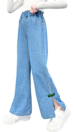 Maeau Jeans Mädchen 10 11 Jahre Jeans mit Weitem Bein Jeanshose Kinder Mädchen Baggy Jeans Teenager Mädchen Denim Hose Gerades Bein Loose Fit Jeans Elastischer Bund Jean Hosen Lange Hellblau von Maeau