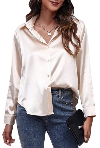 Maeau Langarmbluse Damen Klassische Hemd V-Ausschnitt Casual Seidenshirt Stehtkragen Knopf Arbeitsbluse Langarm Business Damenhemd Lose Satin Seide Hemdbluse S von Maeau