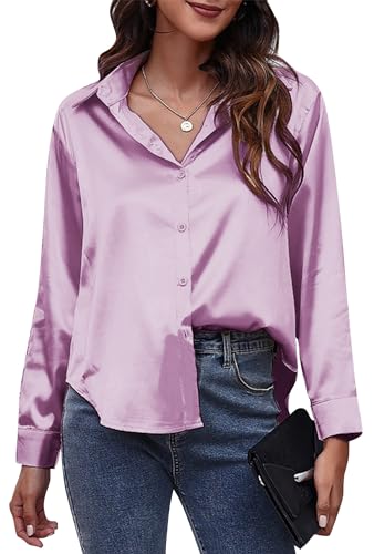 Maeau Langarmshirt Damen Satin Seide Hemdbluse Stehtkragen Business Langarmbluse Klassische Knopf Seidenhemd Locker V-Ausschnitt Arbeitsbluse Elegant Einfarbig Damenbluse XL von Maeau