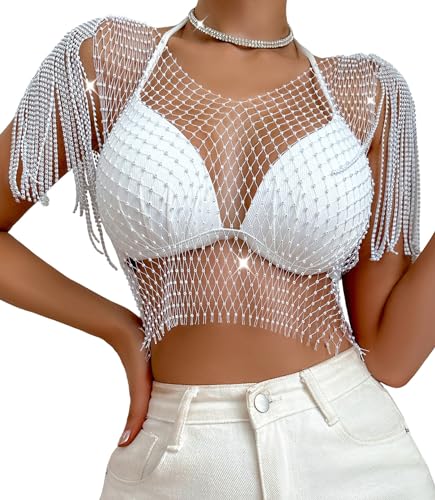 Maeau Netzoberteil Damen Pailletten Netzhemd Sparkle Strasssteine Netzshirt Kristall Mesh Glänzende Club Wear Ärmellose Langarm Netzweste Durchsichtiges Sheer Netz Top S von Maeau