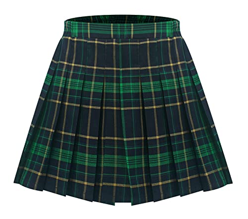 Maeau Plissee Rock Kurz Mädchen Schulmädchen Rock Kariert Faltenrock Tennis Schule Röcke Elastische Hohe Taille Kinder Kilt Tartan Minirock Skater mit Shorts Sommer Frühling Herbst Grün 10-11 Jahre von Maeau