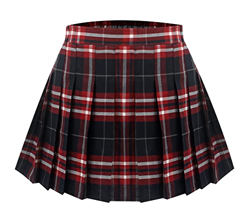 Maeau Plissee Rock Kurz Mädchen Schulmädchen Rock Kariert Faltenrock Tennis Schule Röcke Elastische Hohe Taille Kinder Kilt Tartan Minirock Skater mit Shorts Sommer Frühling Herbst Rot 6-7 Jahre von Maeau