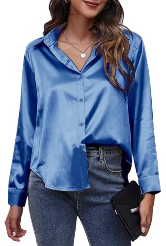 Maeau Seidenshirt Damen Stehtkragen Langarmbluse Business Klassische Damenhemd V-Ausschnitt Satin Arbeitsshirt Casual Seide Hemdbluse Knopf Elegant Langarmhemd S von Maeau