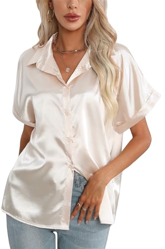 Maeau Shirts Damen Satin Seide Kurzarmbluse Casual Stehtkragen Blusenshirt V-Ausschnitt Freizeithemd Einfarbig Business Damenhemd Klassische Elegant Arbeitsshirt M von Maeau