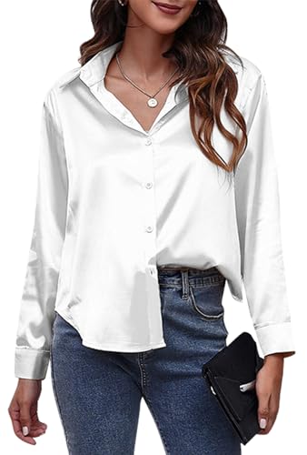 Maeau Shirts Damen Satin Seide Langarmbluse Casual Stehtkragen Blusenshirt V-Ausschnitt Freizeithemd Einfarbig Business Damenhemd Klassische Elegant Arbeitsshirt M von Maeau