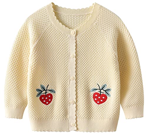 Maeau Strickjacke Kinder Mädchen Baumwoll Strickjacke Langarm Rundhals Erdbeere Cardigan Basic Gestrickte Jacke Lange Ärmel Kurz Bolero Jäckchen Stickerei mit Knöpfen Schule Herbst Beige 4 5 Jahre 100 von Maeau