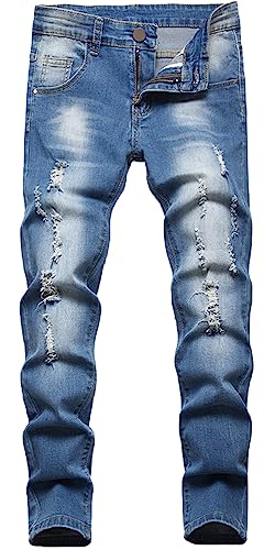 Maeau Zerrissene Jeans Jungen 12 13 Jahre Denim Hose Gerades Bein Jeanshose Kinder Jungen Ripped Jeans Distressed Skinny Slim Fit Cargo Jeans Destroyed Stretch Jeans Straight Regular Fit Baumwoll Blau von Maeau