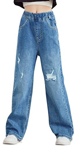 Maeau Zerrissene Jeans Mädchen 11 12 Jahre Jeans mit Weitem Bein Jeanshose Kinder Mädchen Baggy Jeans Teenager Mädchen Denim Hose Gerades Bein Loose Fit Jeans Elastischer Bund Jean Hosen Blau von Maeau