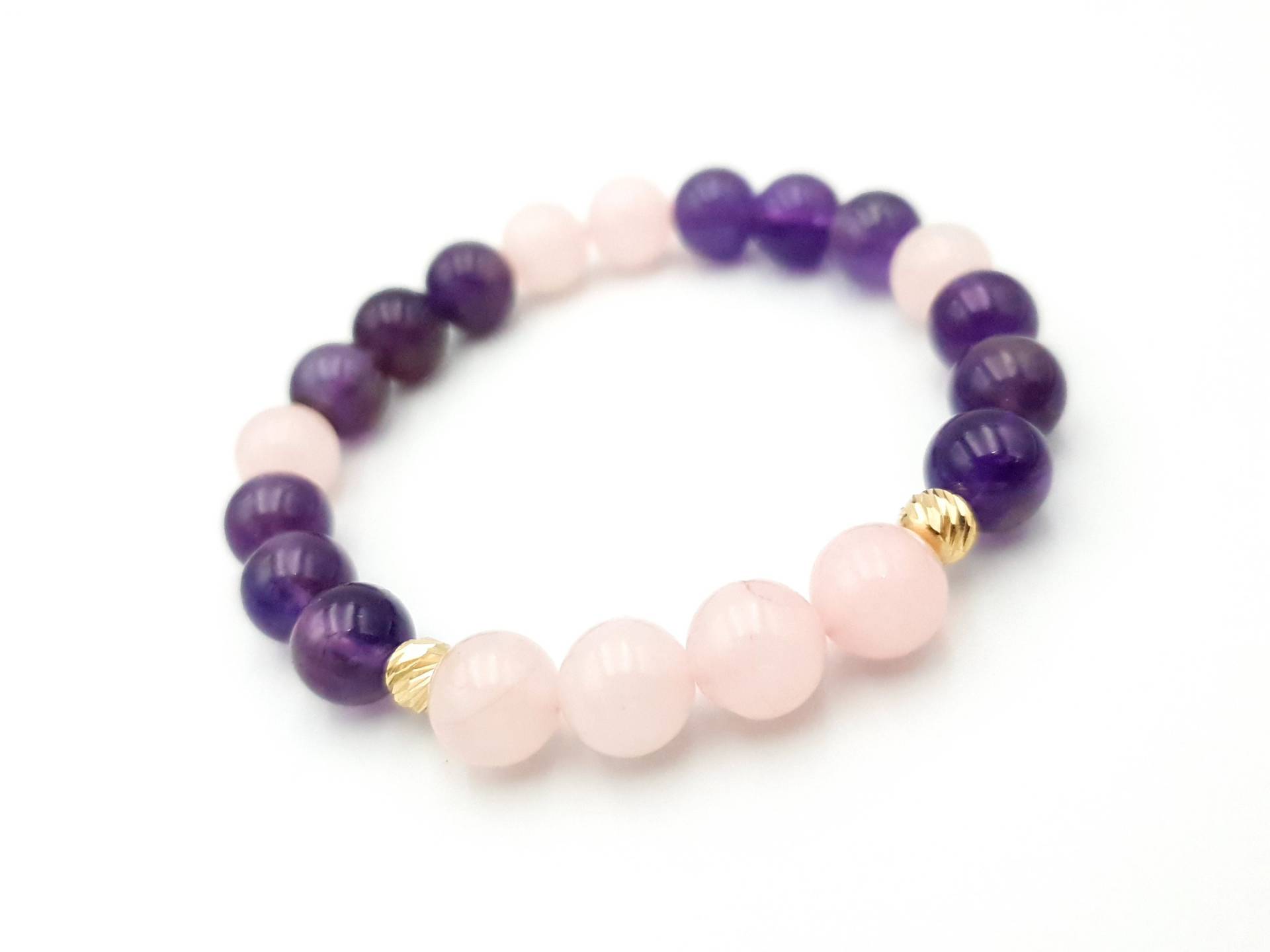 14K Gelb Solid Gold Armband/Natursteine 8mm Quarz Roze Und Amethyst Goldschmuck Perfektes Geschenk Für Männer Frauen Goldarmbänder von MagdyssJewellery