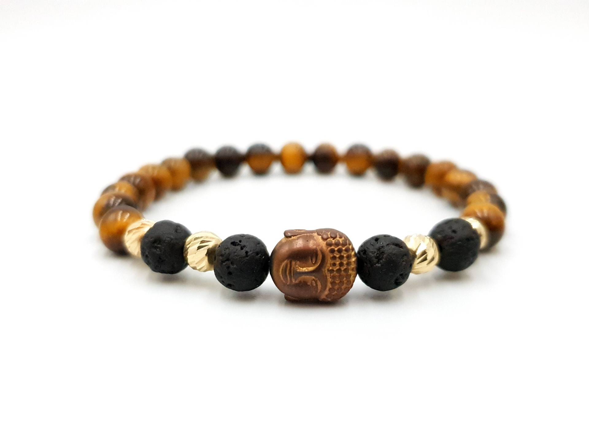 14K Gelb Solid Gold Armband/Reines Natursteine Tigerauge Und Lava 8mm Armbänder Chakra Unisex Buddha Charm von MagdyssJewellery