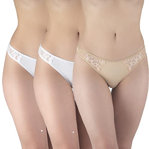 Magi Damen Tanga String aus Baumwolle mit Spitzen | Unterwäsche Made in EU | 3er Set (Weiß/Beige,S) von Magi