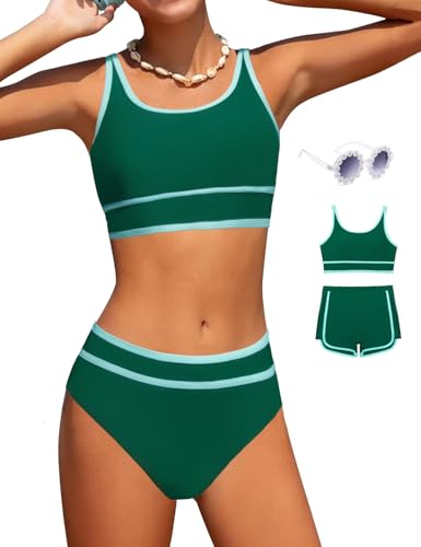 Magwei Mädchen-Badeanzüge, 3-teiliges Badeanzug-Bikini-Set mit sportlichen Shorts und Sonnenbrille, Strand-Bademode für Mädchen, 8–15 Jahre, Grün , 14-15 Jahre Magwei Mädchen-Badeanzüge, 3-teiliges Badeanzug-Bikini-Set mit sportlichen Shorts und Sonnenbrille, Strand-Bademode für Mädchen, 8–15 Jahre, Grün , 14-15 Jahre von Magwei