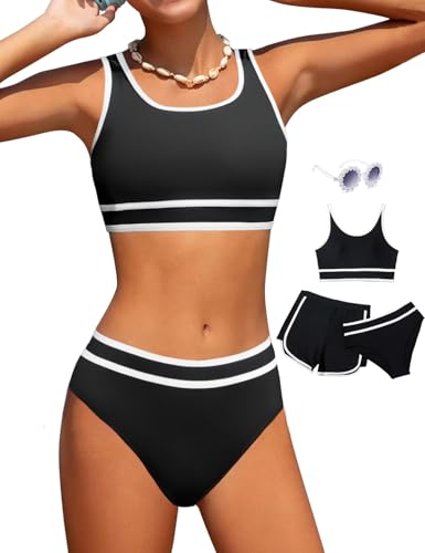 Magwei Mädchen-Badeanzüge, 3-teiliges Badeanzug-Bikini-Set mit sportlichen Shorts und Sonnenbrille, Strand-Bademode für Mädchen, 8–15 Jahre, Schwarz, 12-13 Jahre Magwei Mädchen-Badeanzüge, 3-teiliges Badeanzug-Bikini-Set mit sportlichen Shorts und Sonnenbrille, Strand-Bademode für Mädchen, 8–15 Jahre, Schwarz, 12-13 Jahre von Magwei
