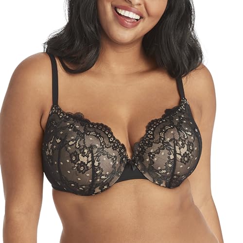 Maidenform Bügel Demi BH, Bester Push Up BH mit Wonderbra Technologie, Glättender Spitzenbesatz BH mit Push-Up Cups, Schwarz/Body Beige Spitze, 80D von Maidenform