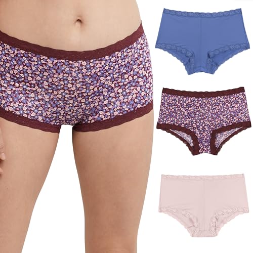 Maidenform Damen Panty Mikrofaser, eine tolle Passform, Boyshort Höschen mit Spitze, 3er-Pack Slips für Jungen, Stone Blue/Cola Ditsy Print/Gloss, S von Maidenform