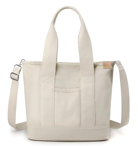 Canvas-Tragetasche für Damen, kleine Crossbody-Tasche mit Reißverschluss, mehrere Taschen, Canvas-Tragetasche, Handtasche, Handtasche, Hobo-Tasche, Beige, Large von MaijjLyn