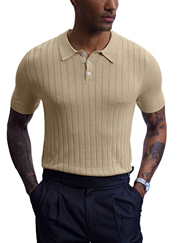 Herren Strick Knopf Poloshirts Kurzarm Casual Gestrickt Polo Tops Golf Shirts, F / Beige, XL von Mainfini