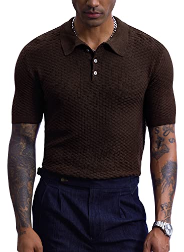 Herren Strick Knopf Poloshirts Kurzarm Casual Gestrickt Polo Tops Golf Shirts, H / Kaffee, M von Mainfini