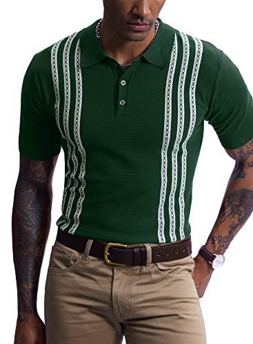 Herren Strick Retro Poloshirt Kurzarm Vintage Gestreift Strick Revers Kragen Poloshirt, B / Grün, L von Mainfini