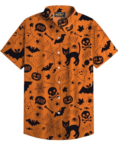 Mainfini Halloween Herren Button Down Kurzarm Kostüm Skelett T-Shirt Lustig Poloshirt Freizeithemd A2 XXL von Mainfini