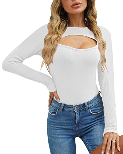 Mainfini Damen Cut Out Top Keyhole Tops Gerippt Langarm Casual Shirt Strickstoff Leicht Rundhals Weich für Herbst Winter S-XXL, weiß, S von Mainfini