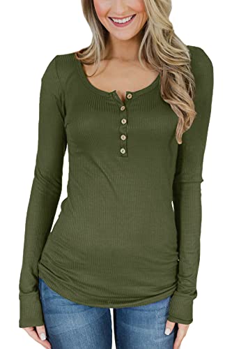 Mainfini Henley-Top für Damen, langärmelig, V-Ausschnitt, mit Knopf, bequem, weich, einfarbig, S-XXL, olivgrün, S von Mainfini