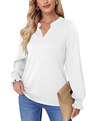 Mainfini Damen Langarm Shirt Einfarbig Casual Sanft Oberteile mit V-Ausschnitt Weiß XL von Mainfini