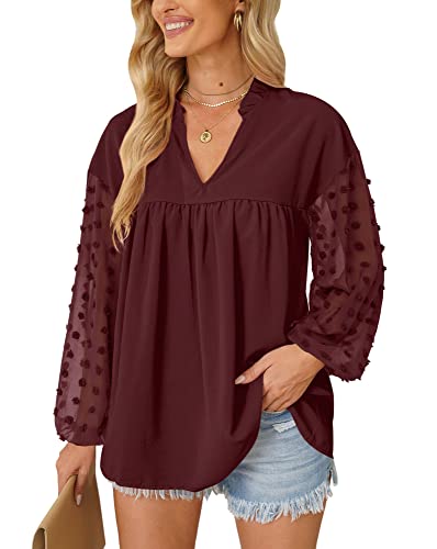 Mainfini Damen Langarmshirt Bluse mit Floraler Spitze Elegant Einfarbige Shirt Lose Tunika Burgundisch L von Mainfini