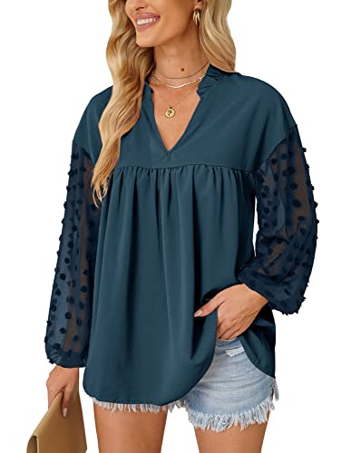 Mainfini Damen Langarmshirt Bluse mit Floraler Spitze Elegant Einfarbige Shirt Lose Tunika Marineblau L von Mainfini