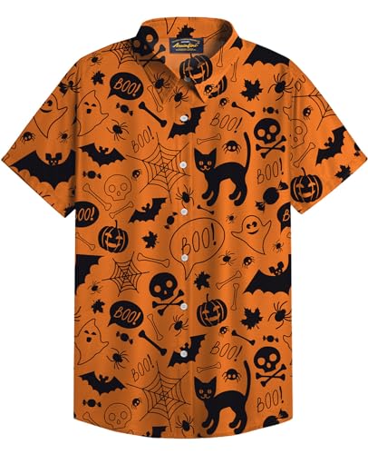 Mainfini Halloween Herren Kürbis Kopf Katze Kostüm T-Shirt Skelett Lustig Poloshirt Freizeithemd A2 XL von Mainfini