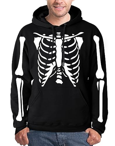 Mainfini Halloween Herren mit Taschen Langarm Hoodie Sweatshirt Pulli Kürbis Kapuzenpullover Schwarz - Skelett S von Mainfini