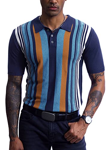 Mainfini Herren Gestricktes Retro Poloshirt Kurzarm Vintage Gestreift Strick Reverskragen Poloshirt, E/Marineblau, XL von Mainfini