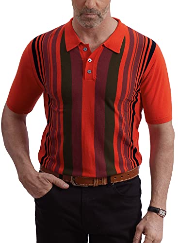 Mainfini Herren Gestricktes Retro Poloshirt Kurzarm Vintage Gestreift Strick Reverskragen Poloshirt, E/Orange Rot, XL von Mainfini