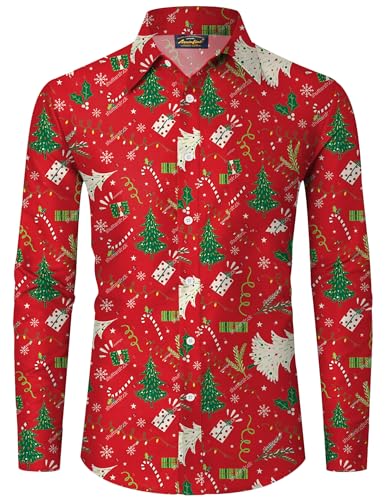 Mainfini Weihnachten Herren 3D Druck Santa Weihnachtshemd Lustig Kostüm Ugly Christmas Shirt Roter Weihnachtsbaum A4 L von Mainfini