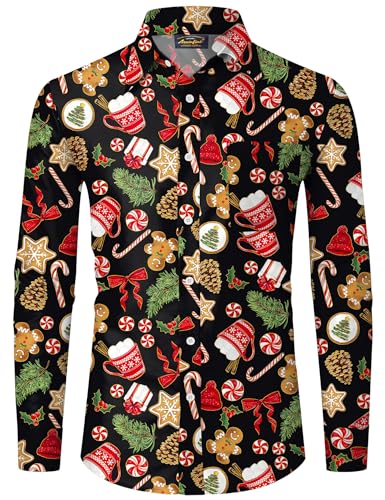 Mainfini Weihnachten Herren Bad Taste Hässliche Weihnachtshemd Ugly Christmas Kostüm Lustig Shirt Schwarzer Weihnachtshut A6 L von Mainfini