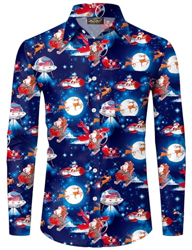Mainfini Weihnachten Herren Langärm Hawaiihemd Weihnachtshemd Kostüm Lustig Ugly Christmas Shirt Blau B2 L von Mainfini