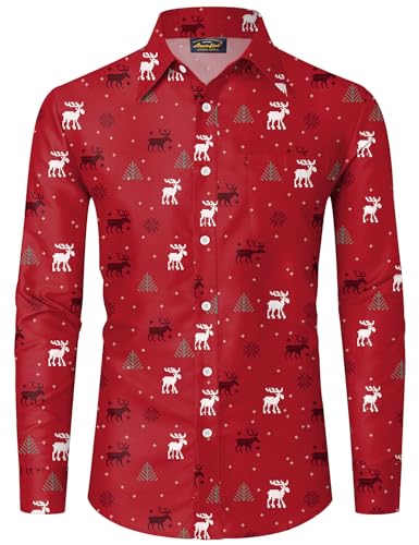 Mainfini Weihnachten Herren Langärm Hawaiihemd Weihnachtshemd Kostüm Lustig Ugly Christmas Shirt Rot A8 M von Mainfini