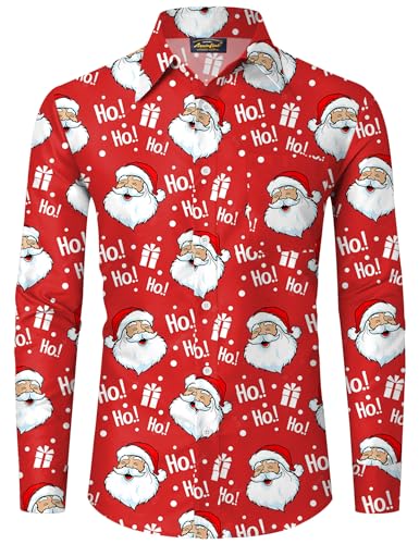 Mainfini Weihnachten Herren Langärm Hawaiihemd Weihnachtshemd Kostüm Lustig Ugly Christmas Shirt Rot B5 XL von Mainfini