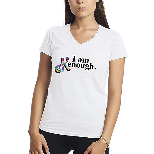 I am Kenough Fun Trend Meme Damen V-Ausschnitt Weißes T-Shirt Size M von Makdi